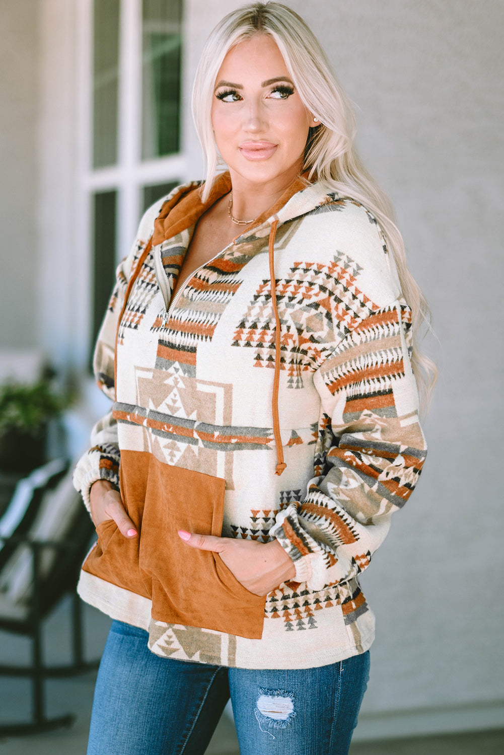 Beige Aztec Print Kangaroo Pocket Half-Zip Hoodie | Plus Size Western Fashion | Cowgirl Era