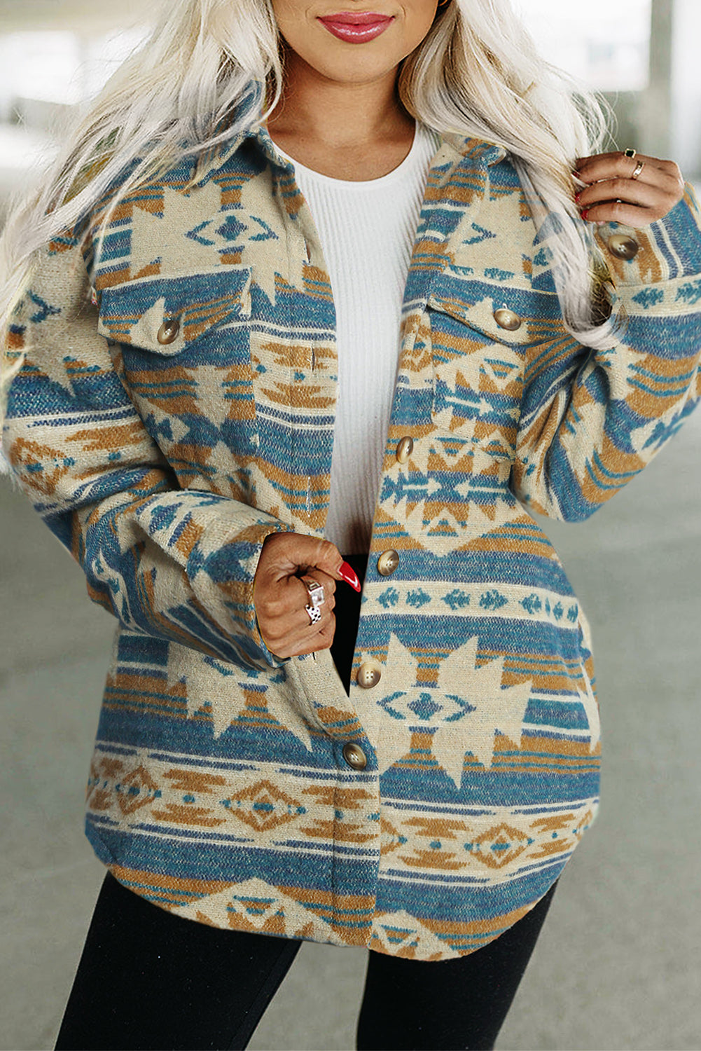 Blue Western Aztec Print Button Flap Pocket Shacket | Plus Size Western Fashion | Cowgirl Era