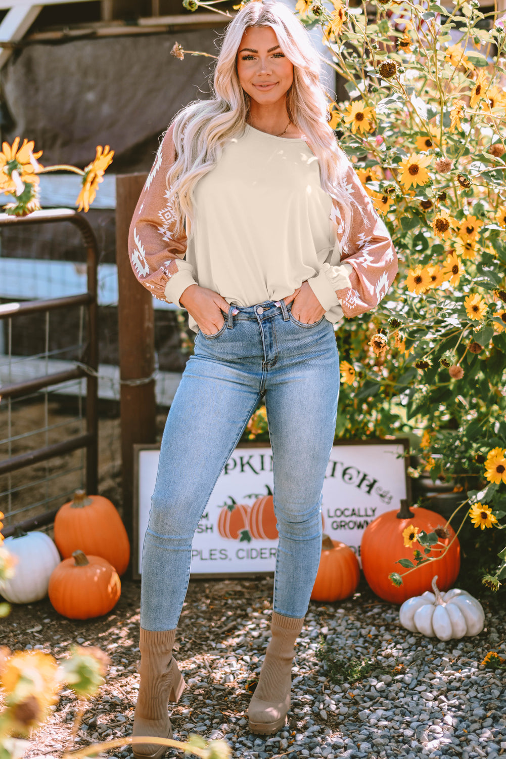 Apricot Western Print Patch Long Sleeve Top | Plus Size Western Fashion | Cowgirl Era