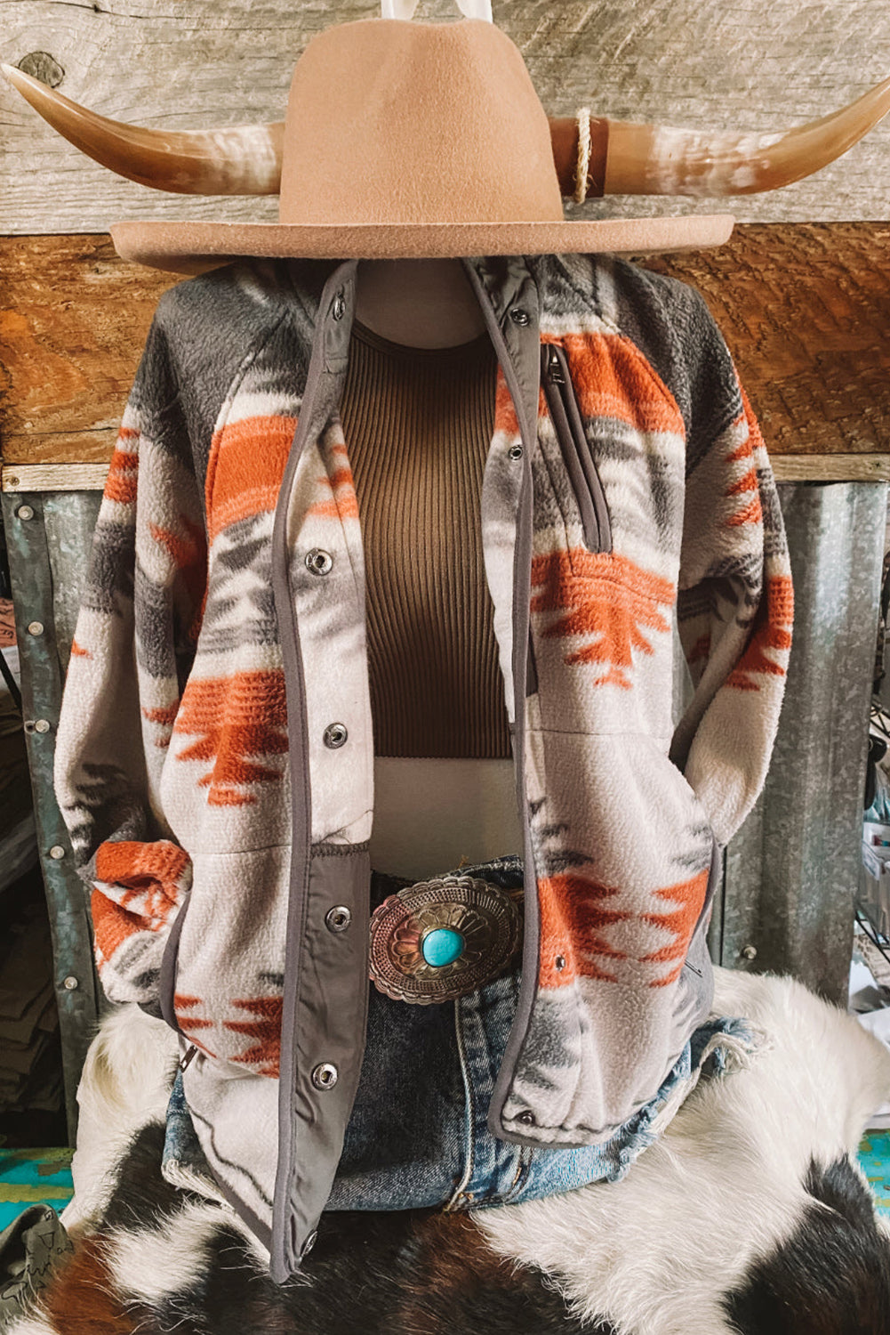 Gray Western Aztec Snap Buttoned Fleece Jacket | Plus Size Western Fashion | Cowgirl Era 